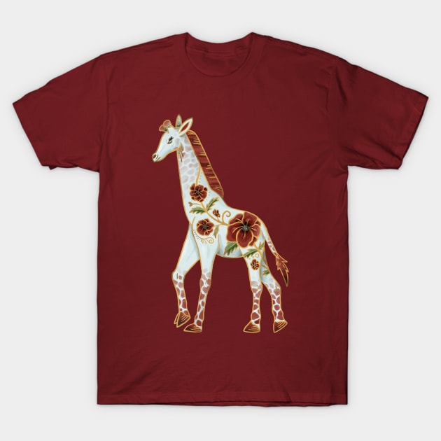 Albino Giraffe with Red Poppy Flowers T-Shirt by narwhalwall